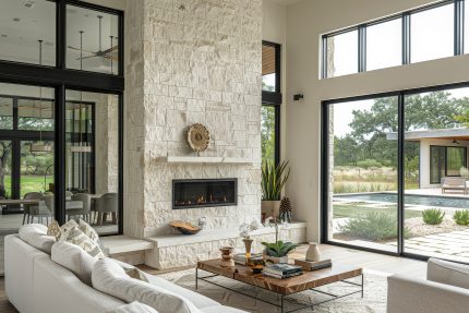 Luxury living room with fireplace, white stone wall, and black steel windows in modern style, with dining table near glass door to outdoor patio. Luxury living room with fireplace, white stone wall, and black steel windows in modern style, with dining table near glass door to outdoor patio.