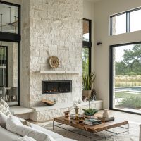 Luxury living room with fireplace, white stone wall, and black steel windows in modern style, with dining table near glass door to outdoor patio. Luxury living room with fireplace, white stone wall, and black steel windows in modern style, with dining table near glass door to outdoor patio.